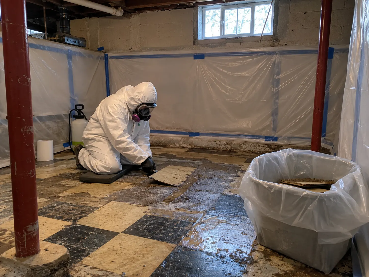 Technician in protective gear safely removing old asbestos floor tiles
