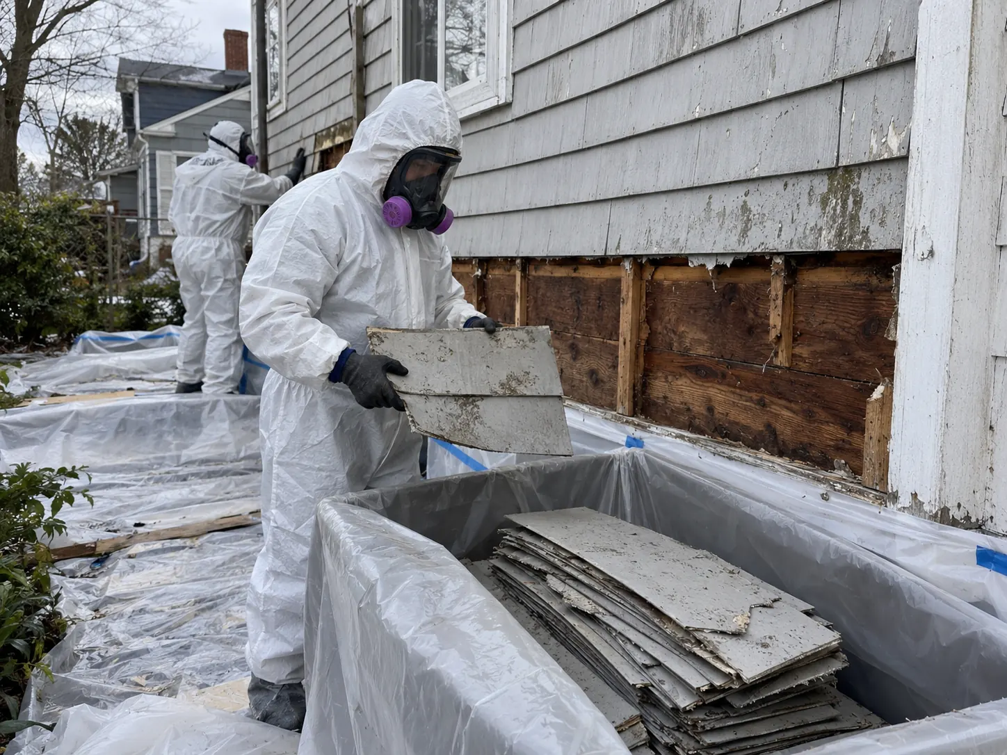 Crew in protective suits removing asbestos cement siding from a house exterior