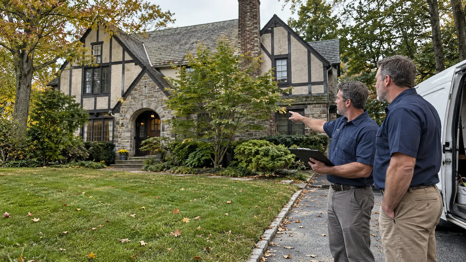 Asbestos specialist consulting with a homeowner outside a Tudor-style house in Scarsdale, NY